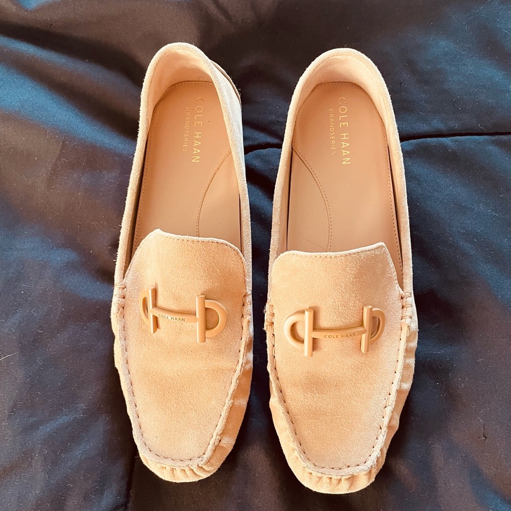 Cole Haan Women's Suede Loafers with Gold Hardware in Beige